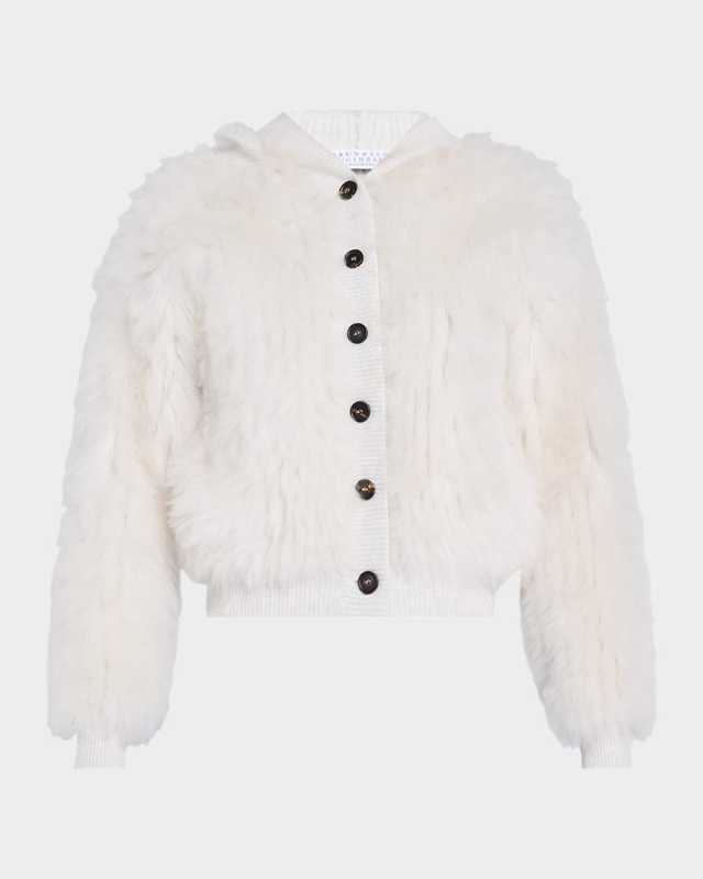 Faux-Fur Cashmere Hooded Button Cardigan